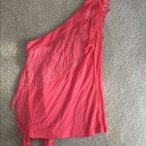 Pink fringe one shoulder top